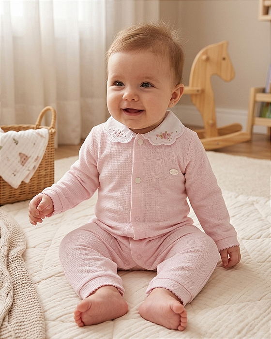 Macacão Bebê Feminino Longo em Malha Trabalhada Paraíso 19108