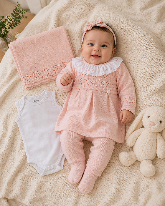 Saída Maternidade Tricô 4 Peças Vestido Manta Paraiso 19236