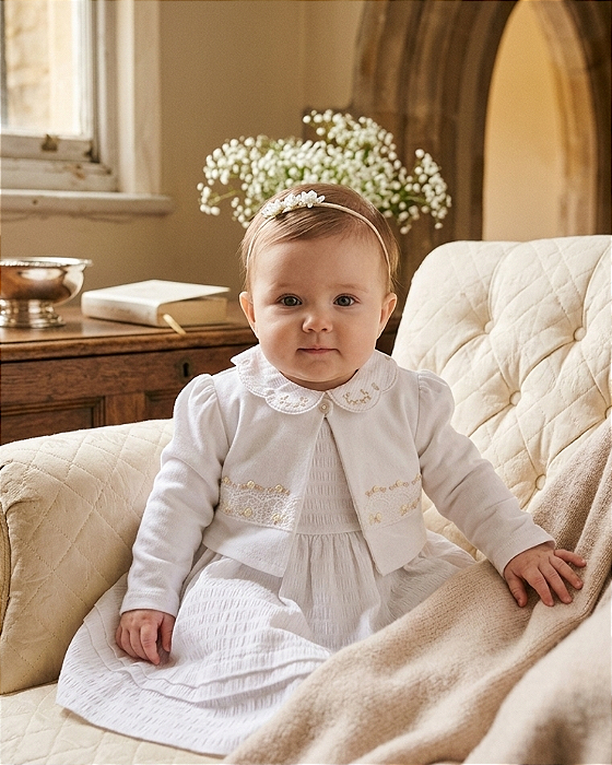 Vestido Bebê Batizado Tecido Crispe e Bolero Paraiso 19277