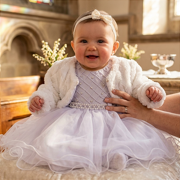 Vestido Batizado Bebê Tule Pérolas e Bolero em Pelo 77