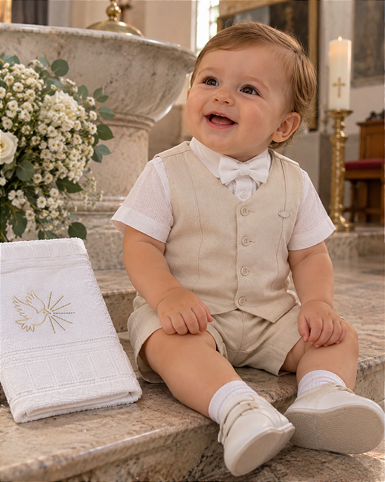 Conjunto Bebê Masculino Batizado 4 Peças Bege Paraíso 19965
