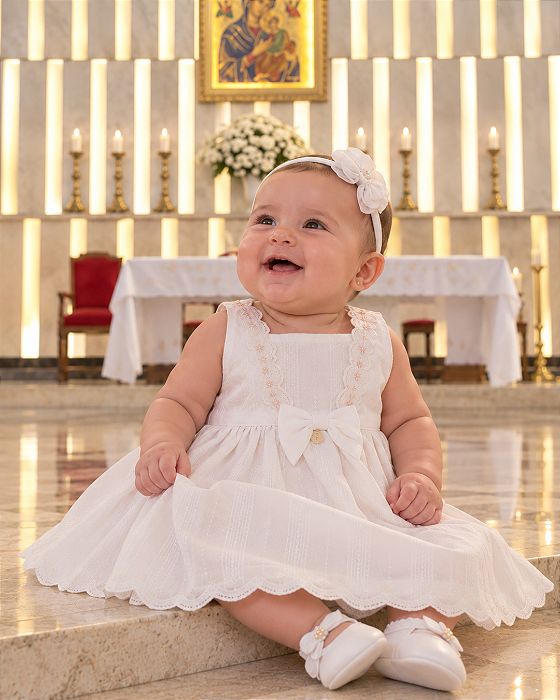 Vestido Bebê Branco Batizado com calcinha Paraíso 20105