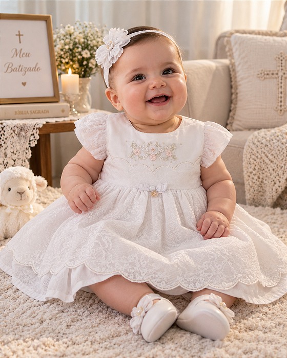 Vestido Bebê Branco Batizado voil trabalhado Paraíso 20093