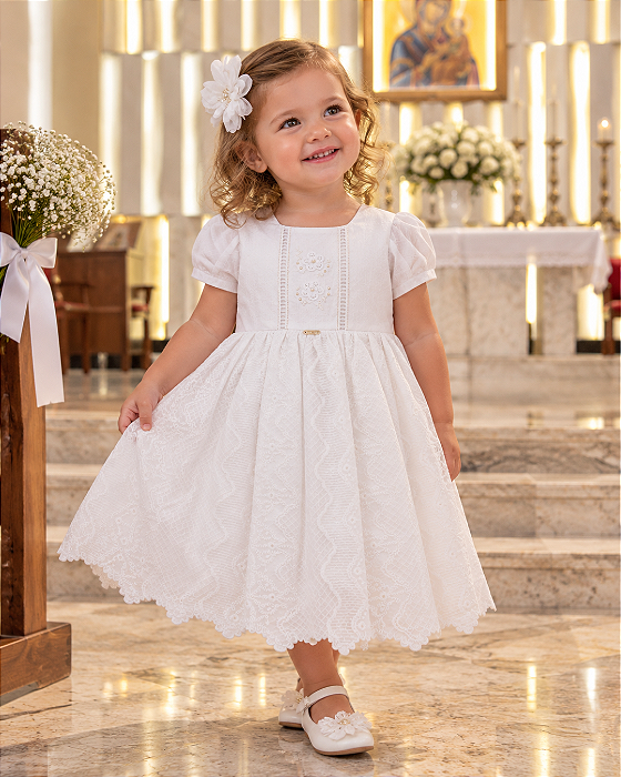 Vestido Bebê Branco Batizado barra bordada Paraíso 20107