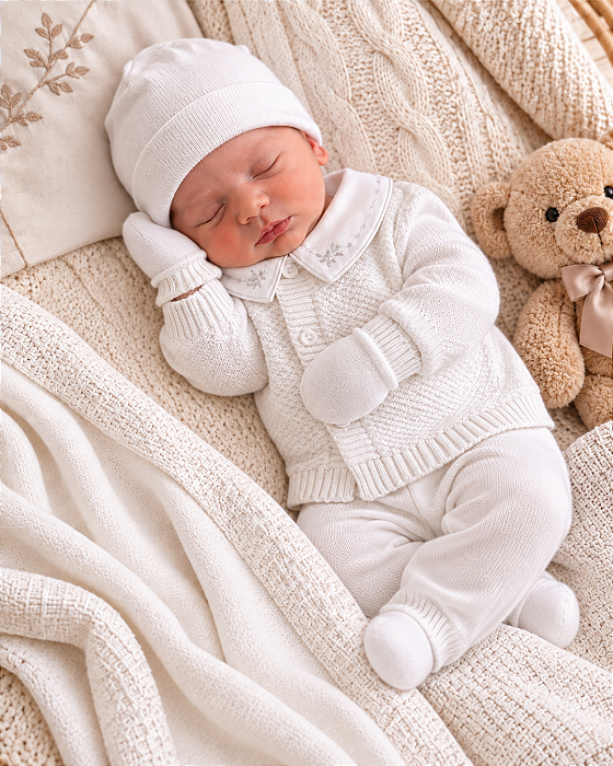 Saída de Maternidade Unissex Tricô 6Pçs Branca Bebe Tc MM209