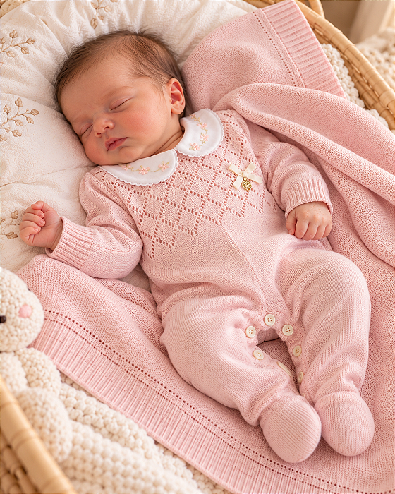 Saída de Maternidade Feminina Trico Rosa Bebê Melline M05