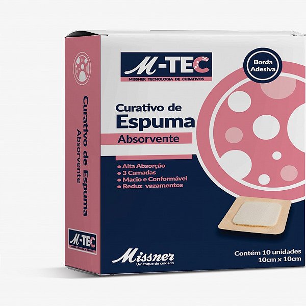 Curativo de Espuma Absorvente com Bordas de Silicone M-TEC 10cmX10cm - unidade