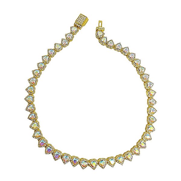 Colar em banho de ouro 18k com corações em cristal furta cor cravejado de zircônias