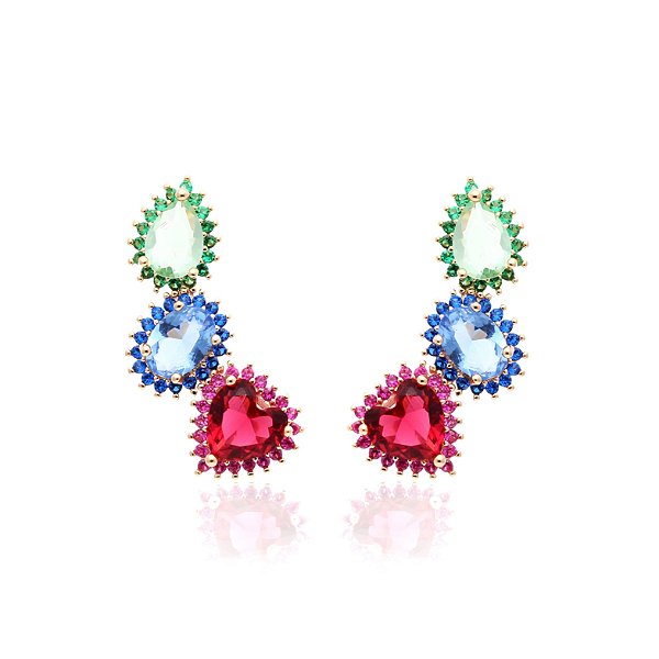 Brinco ear cuff banhado a ouro 18k com cristais e zircônias nas mesmas cores das pedras