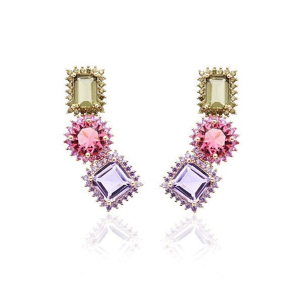 Brinco com banho de ouro 18k com cravação em garras e cristais coloridos