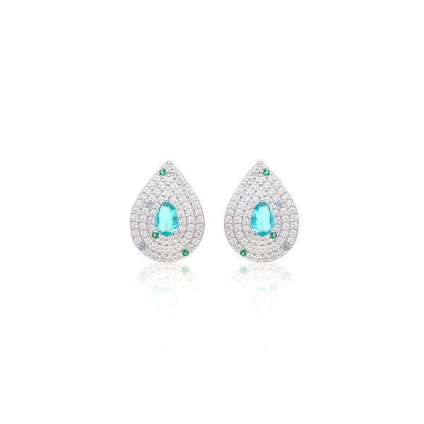 Brinco gota cristal azul zircônia verde e zircônia branca em prata 925