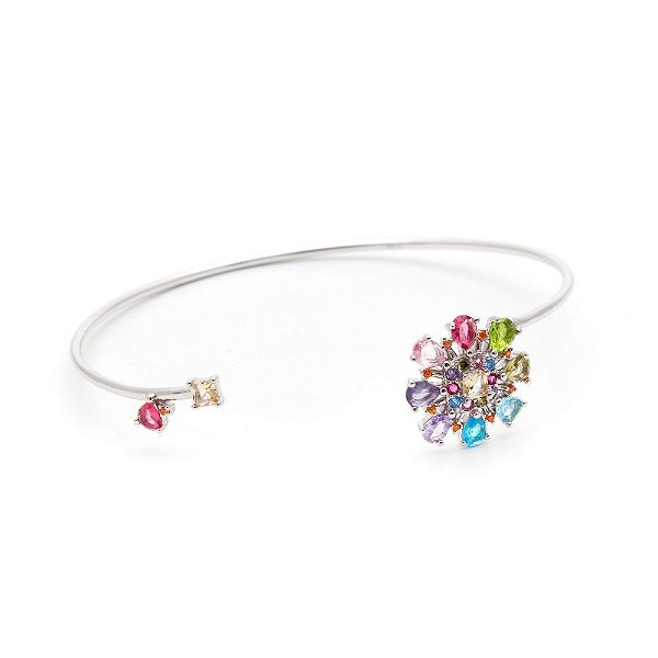 Bracelete em prata 925 com flor cristal peridoto e cristal topázio azul