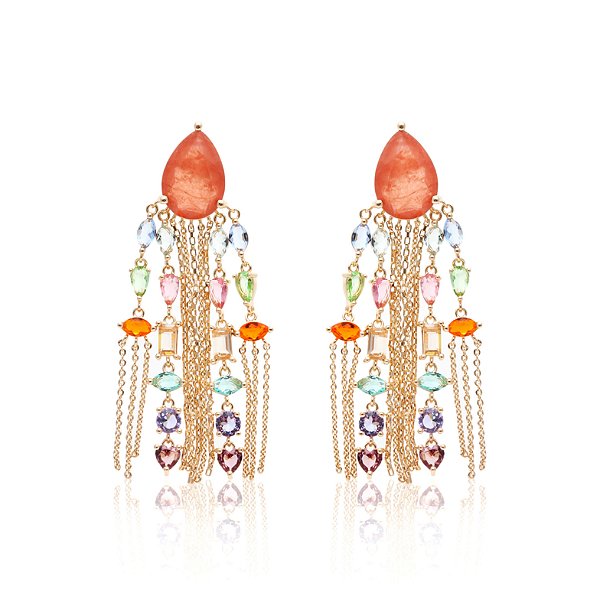 Brinco fusion podange e cristal london blue em banho de ouro 18k