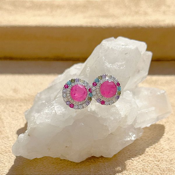 Brinco fusion turmalina rosa nano turquesa em prata 925