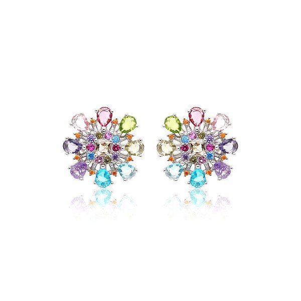 Brinco colorido com cristal peridoto e cristal topázio azul em prata 925