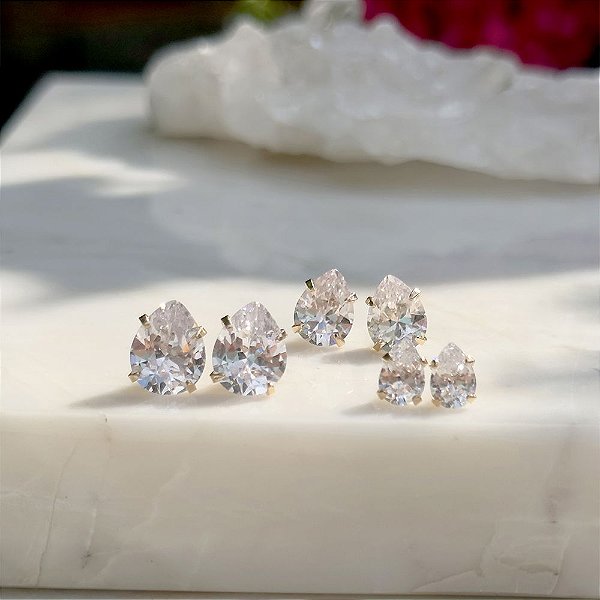 Trio de brincos gota de zircônia branca em banho de ouro 18k