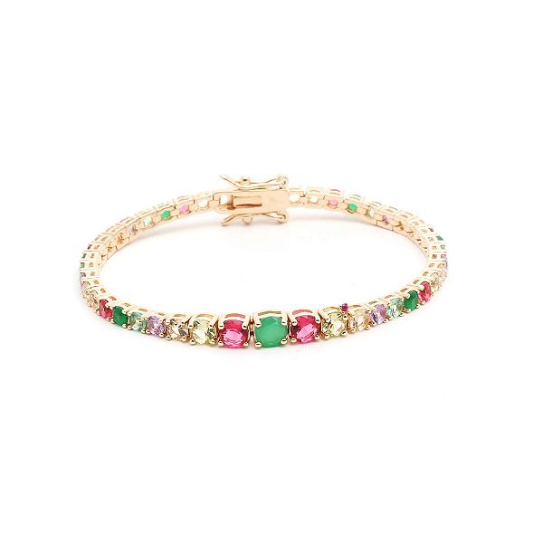 Pulseira riviera redonda cristal esmeralda e cristais coloridos em banho de ouro 18k
