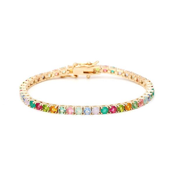 Pulseira riviera cristal citrino cristal peridoto turmalina rosa em banho de ouro 18k