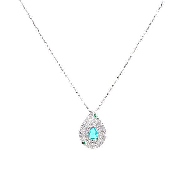 Colar gota bordada com cristal topázio azul e zircônia verde em prata 925