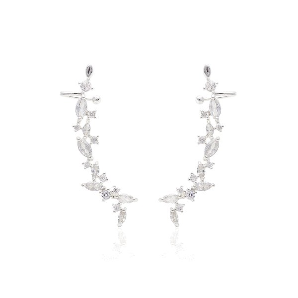 Brinco ear cuff gotas de zircônias brancas em banho de prata nano silver