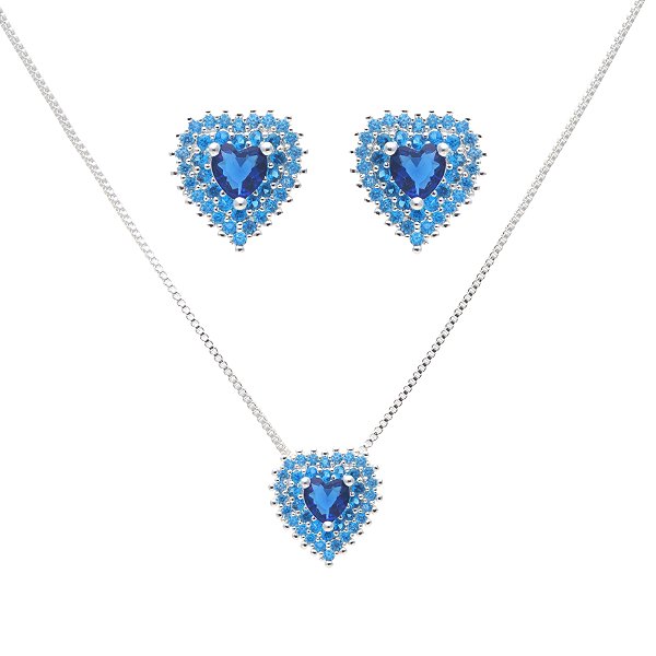 Conjunto coração cristal safira e zircônia azul em banho de prata nano silver