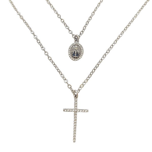 Colar em banho ródio branco com cruz e medalha de nossa senhora e detalhes em zircônias