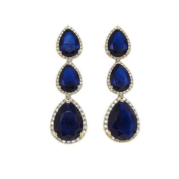 Brinco banhado em ouro 18k cravejado de zircônias brancas com cristal azul escuro
