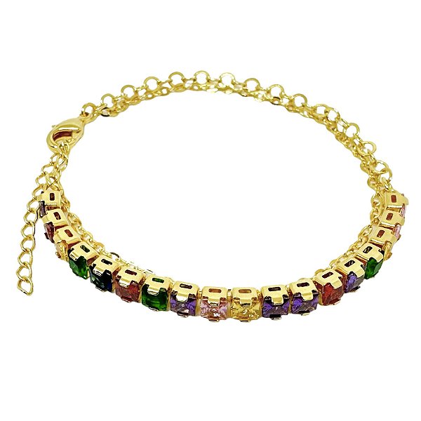 Pulseira dupla banhada em ouro 18k com rivera em zircônicas coloridas