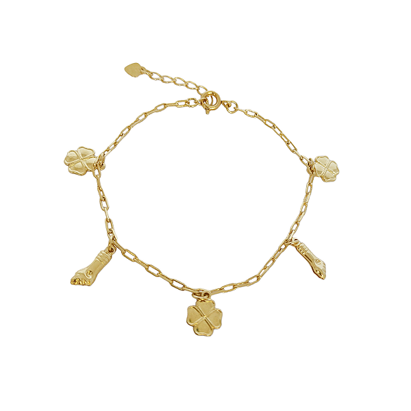 Pulseira em elos cartier em banho de ouro 18k com trevo e figa
