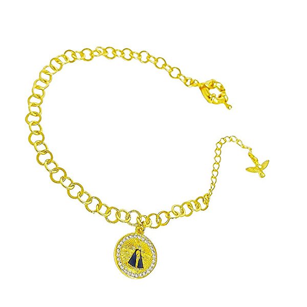 Pulseira banhada em ouro 18k com medalha nossa senhora cravejada com zircônias, divino espírito Santo e  fecho bóia