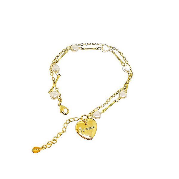 Pulseira duas correntes em banho de ouro 18k com corações em pérola e coração pai nosso com zircônia