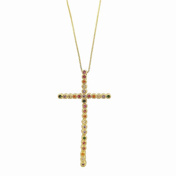 Colar banhado em ouro 18k com cruz maleável de zircônias coloridas em cravação inglesa