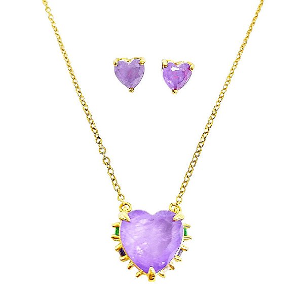 Conjunto colar e brincos em banho de ouro 18k coração com pedra fusion roxa e zircônias coloridas