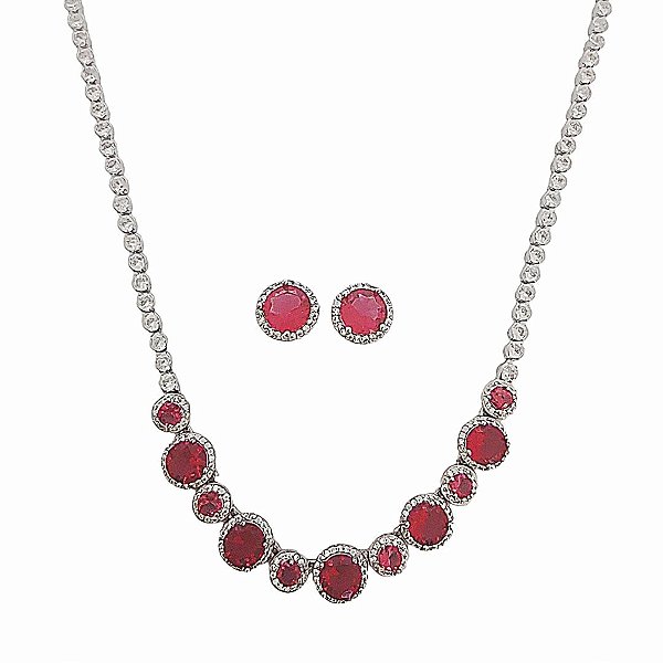 Conjunto brinco e colar riviera banhados em ródio branco com zircônia rosa