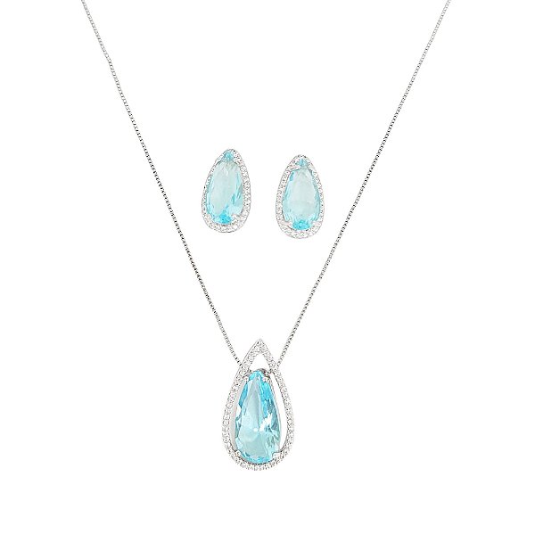 Conjunto colar e brincos banhados em ródio branco cravejados de zircônias cristal e gotas em cristal azul