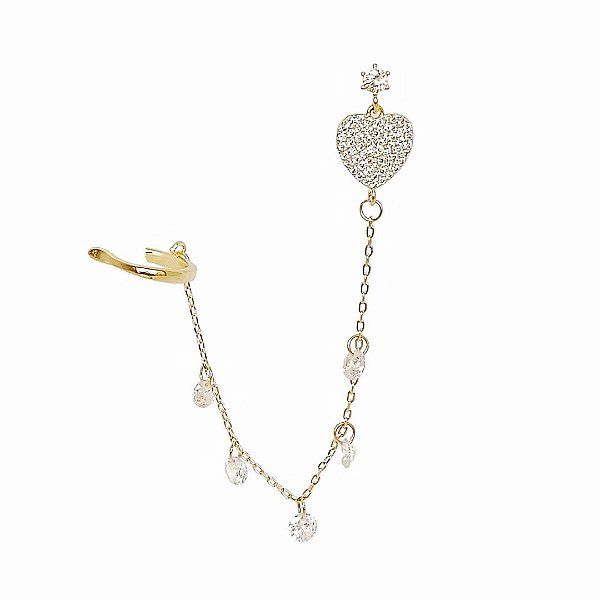 Brinco em banho de ouro 18k coração cravejado de zircônias com extensor e piercing fake