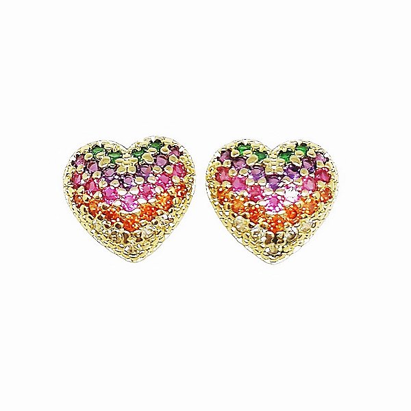 Brinco coração cravejado de zircônias coloridas em banho de ouro 18k