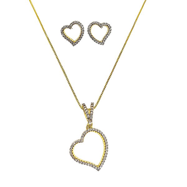 Conjunto colar e brincos em banho de ouro 18k com coração vazado cravejado de zircônias cristais