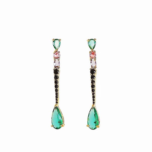 Brinco pendulo em banho de ouro 18k com zircônias coloridas e zircônias negras