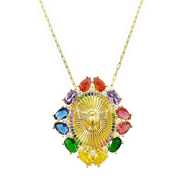 Colar banhado em ouro 18k divino espirito santo cravejado de zircônias coloridas