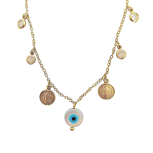 Choker banhado em ouro 18k com medalha são bento olho grego e zircônias
