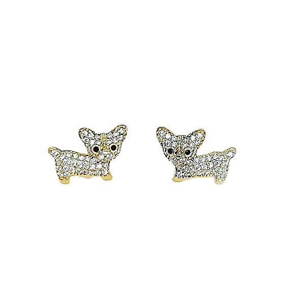 Brinco em banho de ouro 18k cachorrinho cravejado de zircônias cristais e zircônias negras