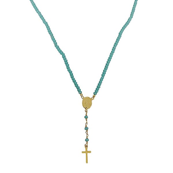 Colar de cristais azul tiffany com medalhinha cruz e detalhes em banho de ouro 18k