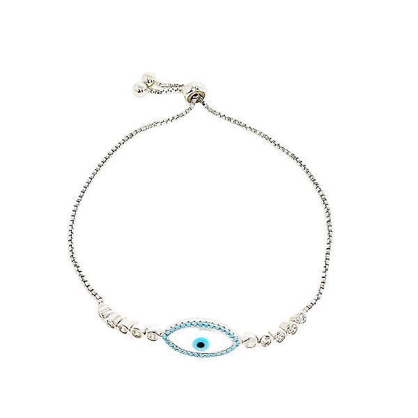 Pulseira ajustável em banho de ródio branco com olho grego e zircônias em cravação inglesa