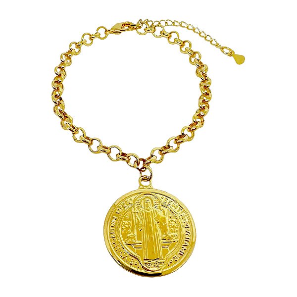 Pulseira em banho de ouro 18k com elos português e medalha de São Bento