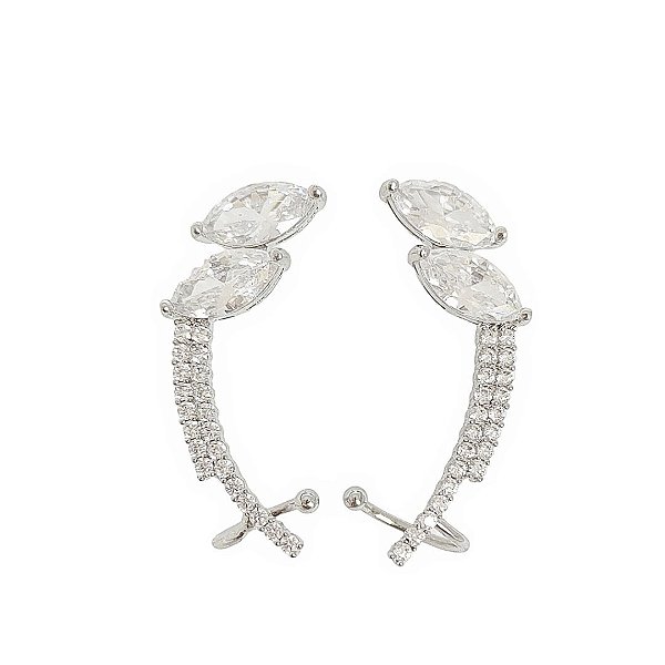 Brinco ear cuff em banho de ródio branco com gotas em cristal e zircônias brancas