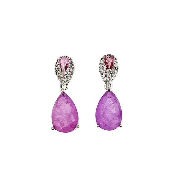 Brinco em banho de ródio branco gota fusion roxa e gota de cristal roxo cravejado de zircônias cristais