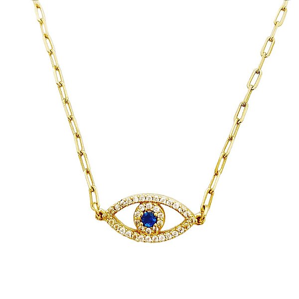 Colar em banho de ouro 18k elos cartier com olho vazado cravejado de zircônias cristais com zircônia azul