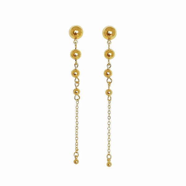Brinco longo em banho de ouro 18k esferas e corrente