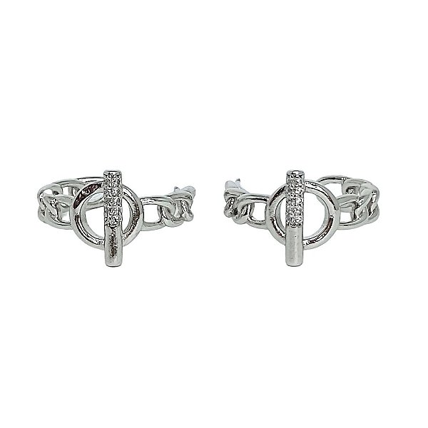 Brinco em banho de ródio branco argola em elos cartier com círculo e detalhes em zircônias